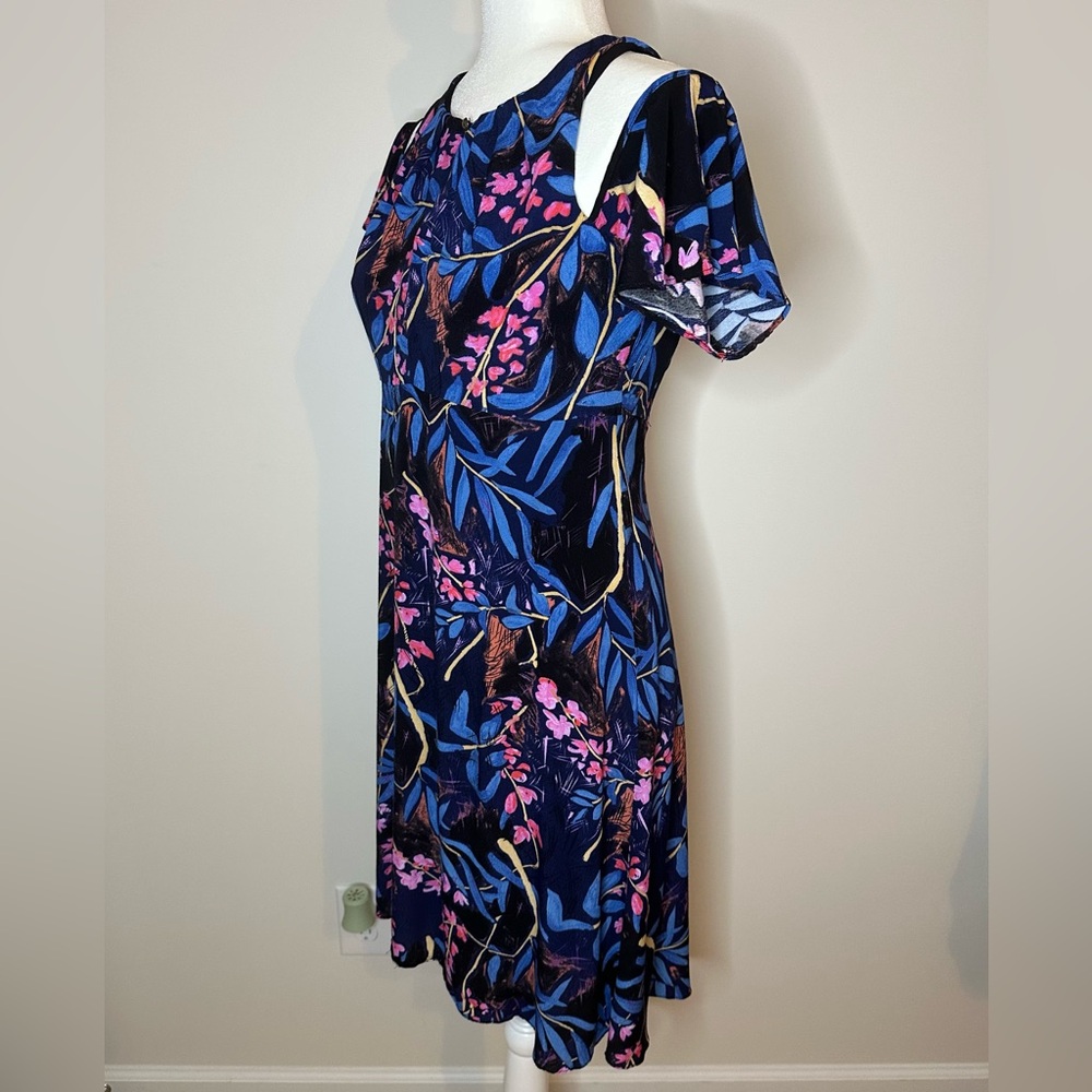 Anthropologie Maeve Elia Dress Sz 2 Black Blue Floral Cold Shoulder Midi#893 - Picture 4 of 12